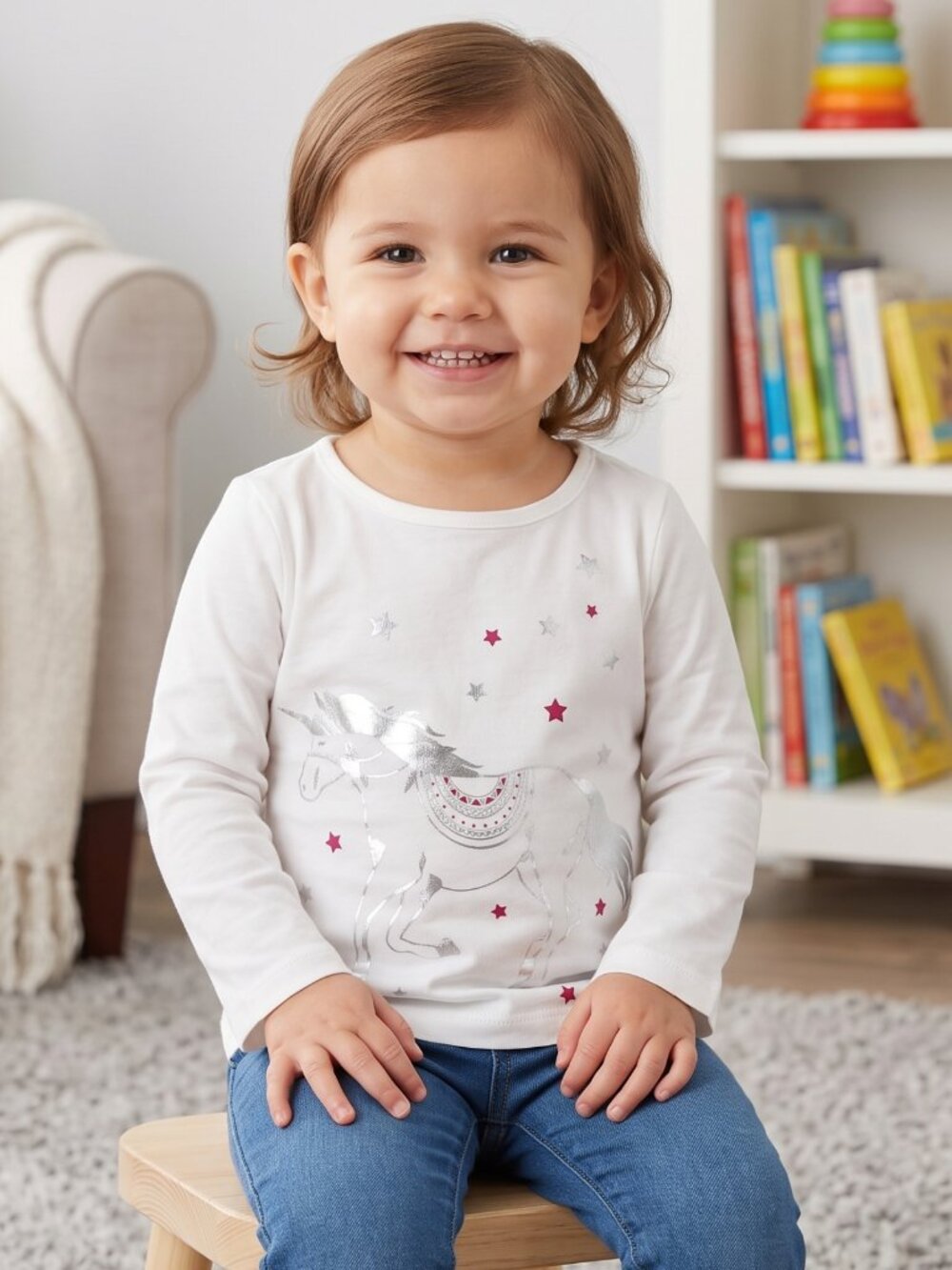 NWT | Carter's Baby Girl Silver Unicorn Star Print Long Sleeve Graphic Tee | 24